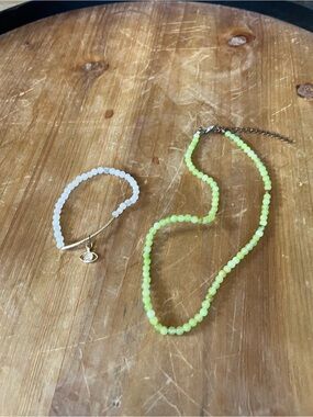 Neon Green Beaded Necklace with White Beaded Bracelet Set